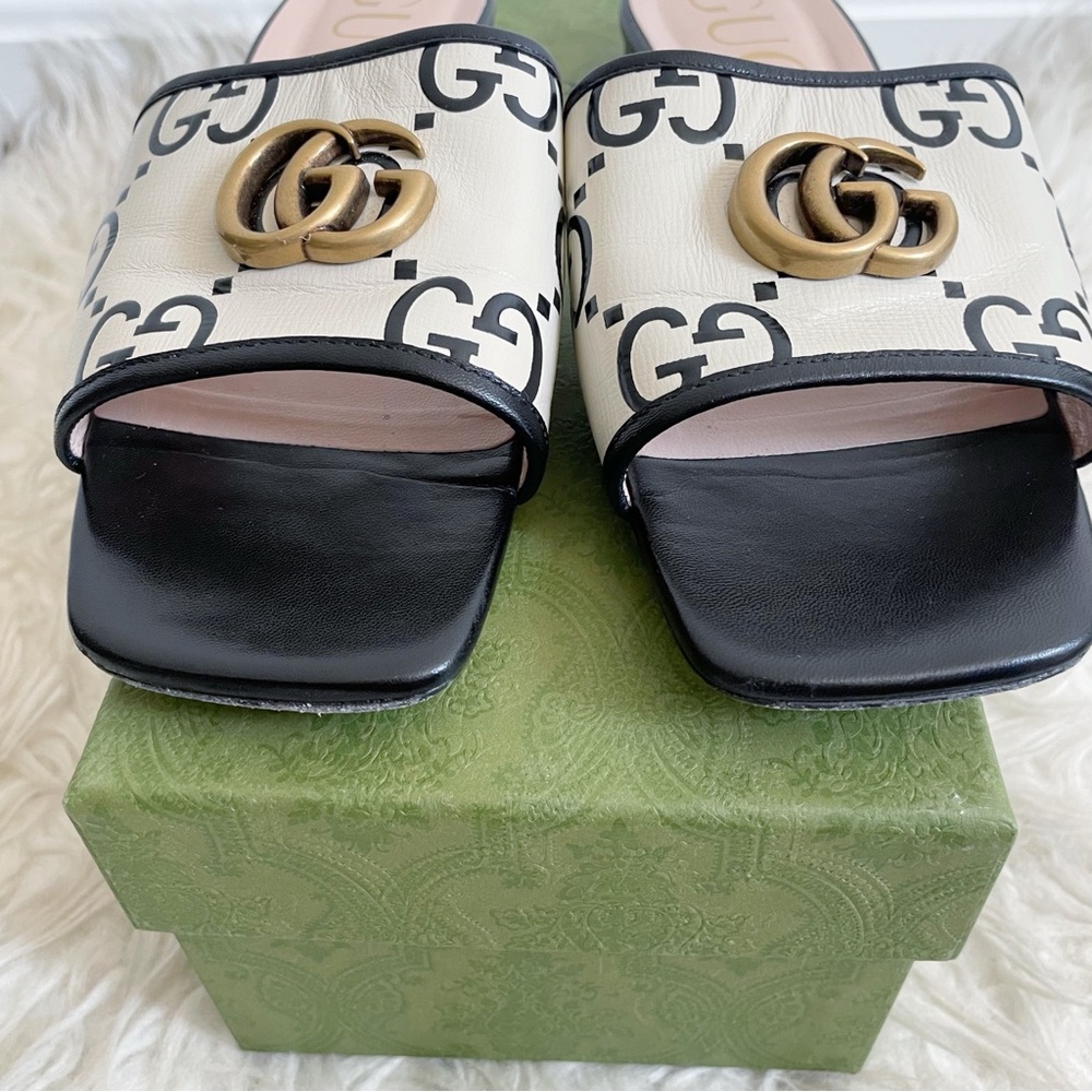 Gucci Jolie GG Marmont Slide Sandal Black White Leather size 39.5 - Picture 13 of 16